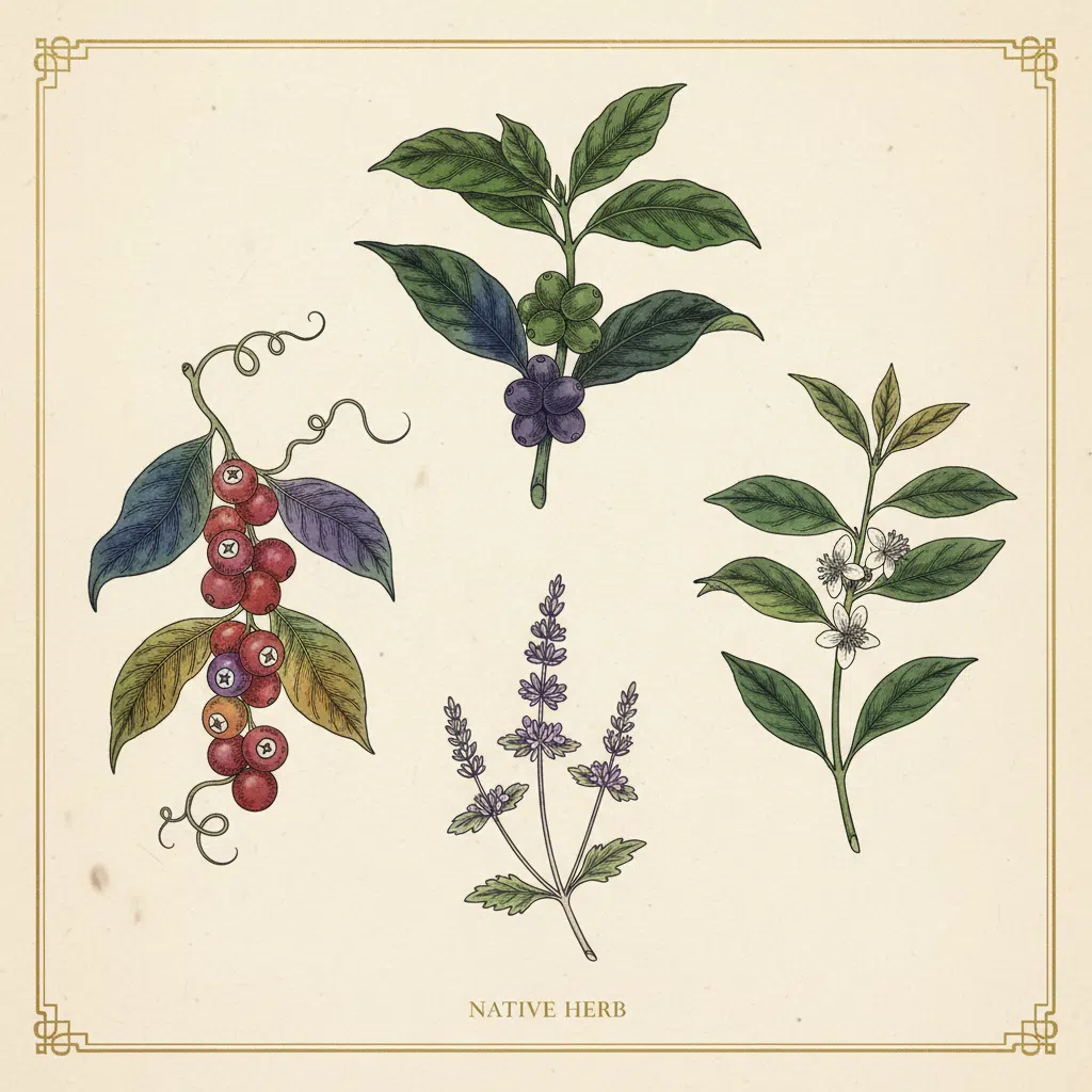 Botanical illustration of four plant species - green coffee, guarana, green tea and native herb - in vintage herbarium style