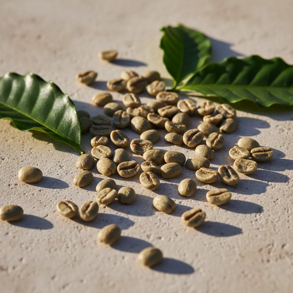 Raw green coffee beans on stone surface - green coffee bean extract supplement