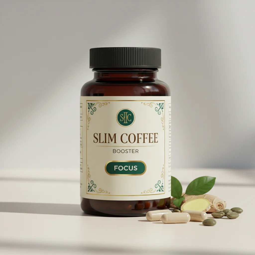 Slim Coffee Booster compact dark navy retail box with gold and purple botanical motif
